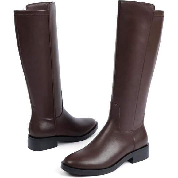 Women Polyurethane Stretch-Chocolate Round Toe Flat Side Zipper Knee High Boots - Picture 5 of 7